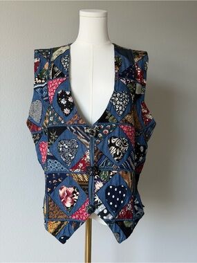 Soul Mates Vintage Patchwork Quilted V-Neck Vest Heart Print Boho Cottagecore L